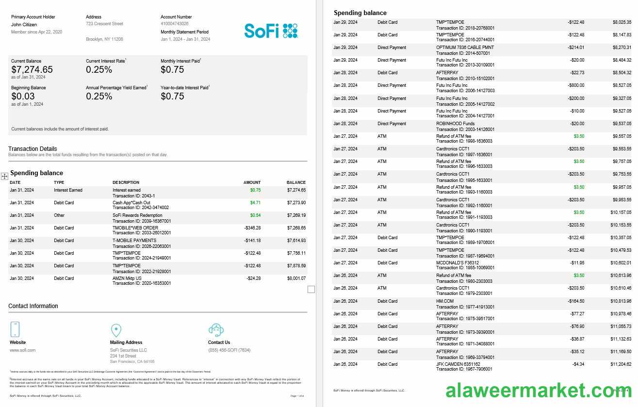 USA Sofi bank statement, 4 pages